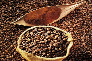 Coffee beans in a linen sack