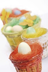 Pastel-coloured Easter egg in nests with butterfly decorations