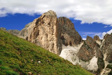 Fototapeta na wymiar Mt. Rotwand peak, Rosengarten Massif near Lake Karersee, Bolzano-Bozen, Italy, Europe