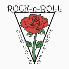 Rock and roll print with rose. Rock music graphic with - "one love - for life" text. Design for clothes, t-shirt, apparel, poster, card. Vector illustration.