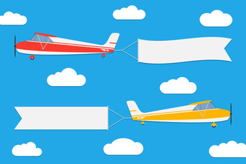 Flying planes with banners. Set of aircrafts with advertising ribbons on blue sky background. Vector illustration.