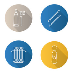 Hygienic products flat linear long shadow icons set
