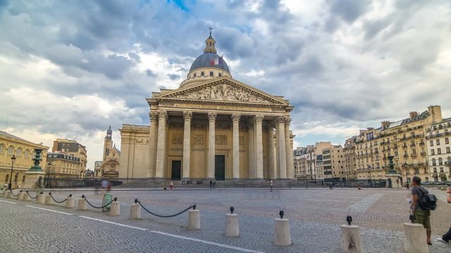 National pantheon building timelapse hyperlapse, front view with street and people. Paris, France