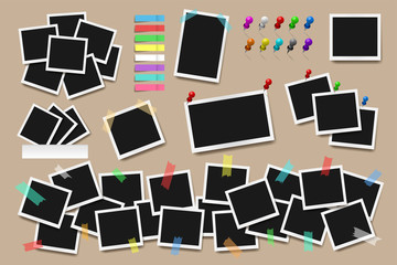 Set of realistic square frames, pins and paper stickers on beige background. Vector illustration
