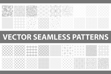 Retro styled vector seamless pattern pack: abstract, vintage, technology and geometric. 36 grey elements. Vector illustration