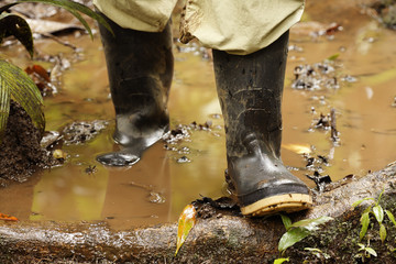 Muddy path in rainforest, rubber boot, Costa Rica, Central America