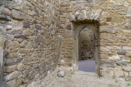 Empty window openings in a church ruin. Belleer Kirche Church in Eckelsheim Rhineland-Palatinate, Germany. Rhine-Hesse.