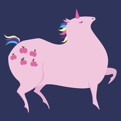 Vector illustration of Funny unicorn. Isolated on a dark-violet background. Character of fairy tales and legends