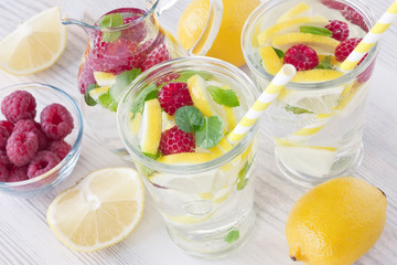 Fresh lemon and raspberry water drink / Fresh lemon and raspberry cold water drink lemonade with mint in two glass