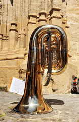 Tuba on the street during a pause of the band parade