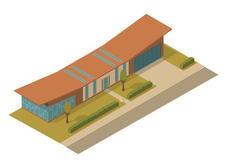 Isometric country modern private house. The American suburban cottage with a garage and a path and trees and green a grass, a lawn. A design concept a vector for the rent websites.