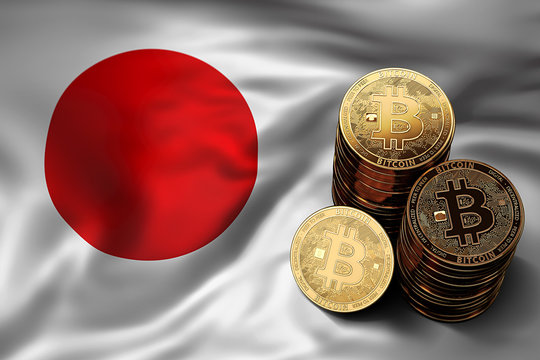 Stack of Bitcoin coins on Japanese flag. Situation of Bitcoin and other cryptocurrencies in Japan concept. 3D Rendering