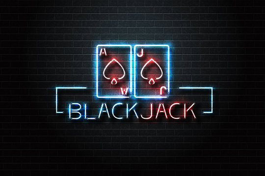 Vector realistic isolated neon sign logo with Blackjack cards and lettering for decoration and covering on the wall background. Concept of casino and gambling.