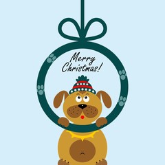 Christmas card with a cartoon dog. The new year 2018. Vector illustration