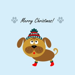 Christmas card with a cartoon dog. The new year 2018. Vector illustration