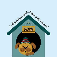 Christmas card with a cartoon dog in the booth. The new year 2018. Vector illustration