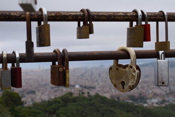 Heart chaped chain locks in Tibidabo, the highest part of Barcelona