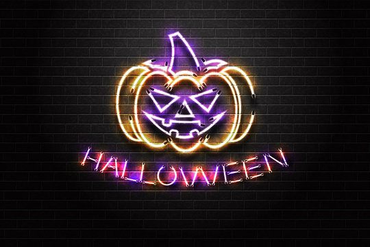 Vector realistic isolated neon sign of Halloween lettering and evil pumpkin for decoration and covering on the wall background. Concept of Happy Halloween.
