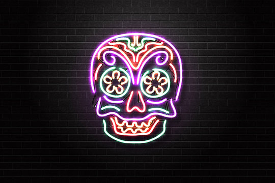 Vector realistic isolated neon sign of skull of Dia De Muertos for decoration and covering on the wall background. Concept of Happy Day of the Dead in Mexico.