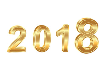 Happy New Year 2018. Golden 3D numbers on a white background.