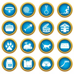 Cat care tools icons blue circle set