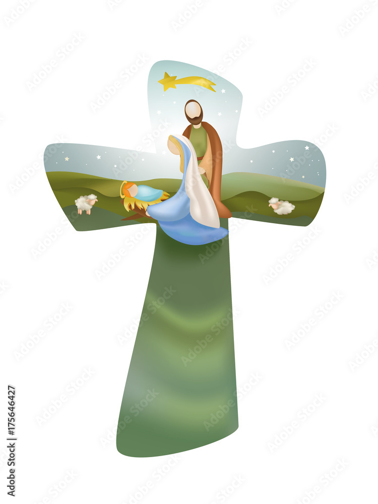 Wall mural cross with christmas nativity scene