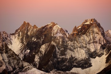 Snow-covered Alpine peaks at sunrise, Gramais, Lechtal, Reutte, Tirol, Austria, Europe