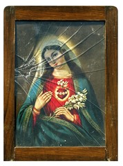 Portrait of the Madonna, broken glass, symbolic