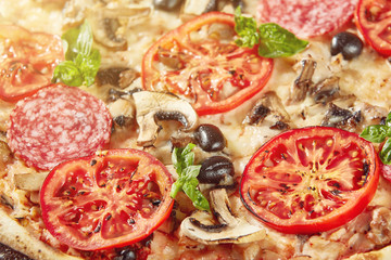 Closeup of pizza with salami, tomatoes and olives