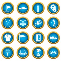 Golf items icons blue circle set