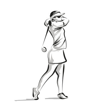 Vector greyscale sketch woman playing golf