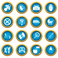Pregnancy symbols icons blue circle set