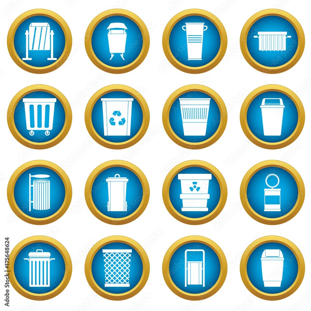 Poster garbage container icons blue circle set