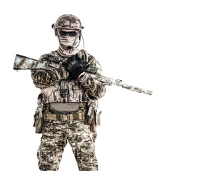 Half length low angle studio shot of special forces soldier in field uniforms with weapons, portrait isolated on white background. Protective goggles glasses are on