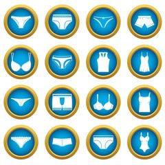 Underwear items icons blue circle set