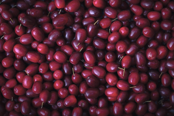 Ripe fresh red cornel berries. Natural background.