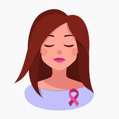 Unhappy Woman with Pink Ribbon. Vector Breast Cancer Awareness. Girl Shows Solidarity. Pink Ribbon on Woman Breast. Vector Illustration Isolated from background