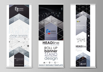 Roll up banner stands, geometric design templates, business concept, corporate vertical vector flyers, flag layouts. Abstract infographic background with lines, symbols, other elements.