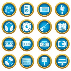 Recording studio items icons blue circle set