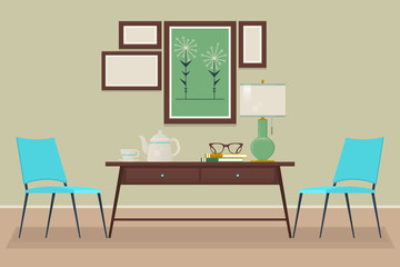 House home interior design. chair, table, lamp, Isolated vector objects. Scene creator set.