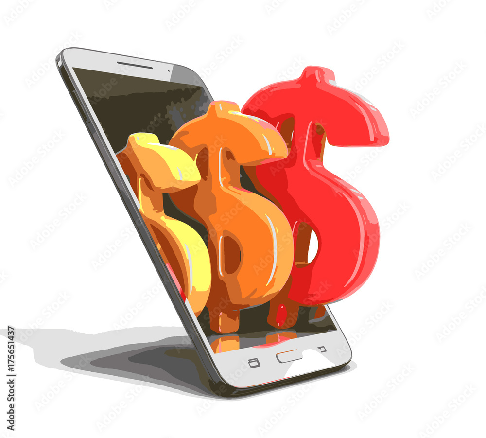 Poster touchscreen smartphone with dollar sign. image with clipping path.
