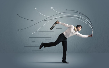 Running businessman with device and hand drawn lines