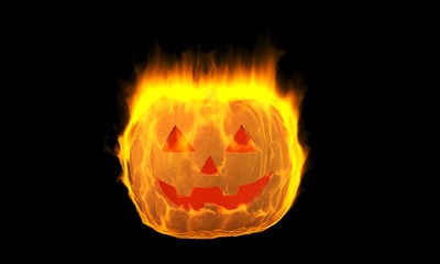 3D render. Burning pumpkin for Halloween isolated on black background
