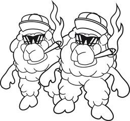 2 freunde team paar rauchen kiffen zigarette hanf weed joint sonnenbrille jugendlicher junge stehend lustig klein süß niedlich comic cartoon schaf ziege wolle bauer bock müde cool