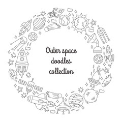 Outer space doodle icons round frame