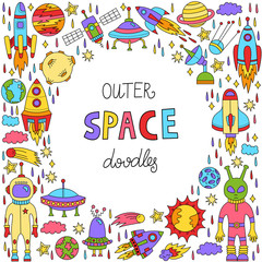 Obraz premium Outer space doodle icons set round frame