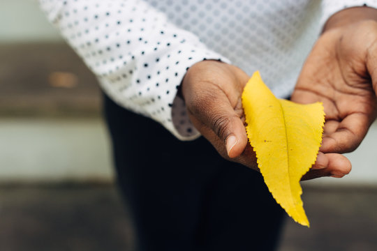 African American child holding a yellow leaf