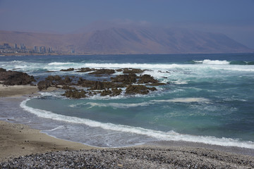 Coastline of the city of Iquique in the Tarapaca Region of northern Chile.