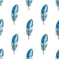 Vector seamless pattern with blue detailed bird feathers