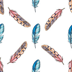 Vector seamless pattern with colorful detailed bird feathers